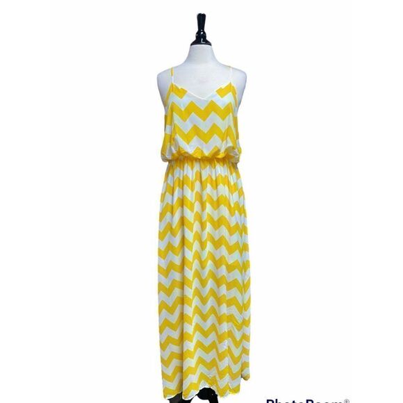 Yellow & White Chevron Sleeveless Maxi Dress Size Large - Picture 1 of 4